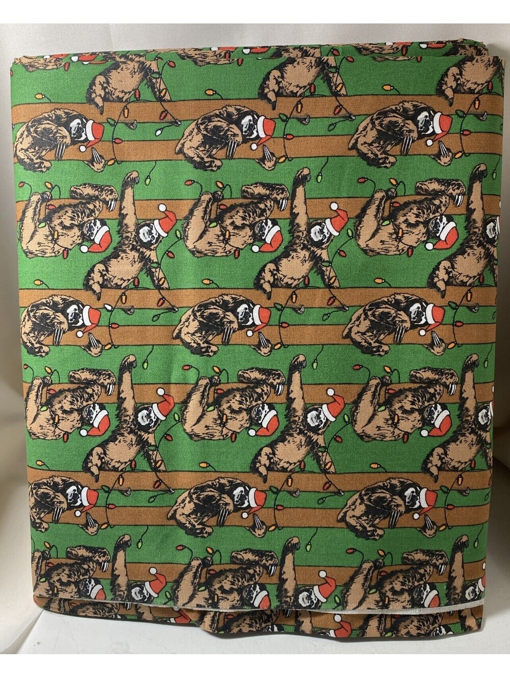 3 Yds Christmas Sloth Fabric With Green And Brown Background